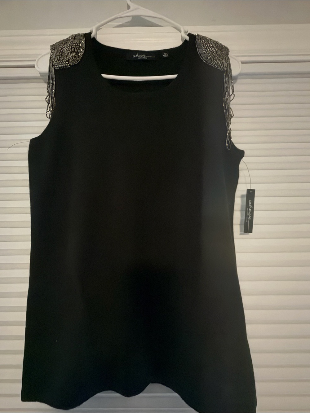 Alfani Black Sleeveless blouse with Beaded Fringe Shoulder Accents